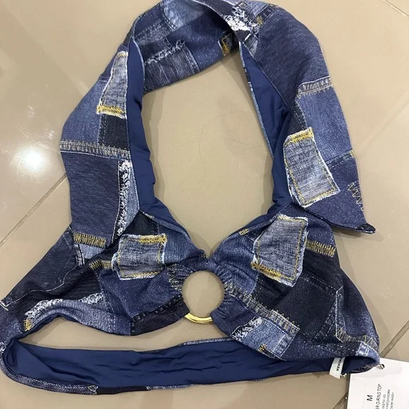 WeWoreWhat Patchwork Denim Halter Bathing Suit Top - Picture 2 of 3